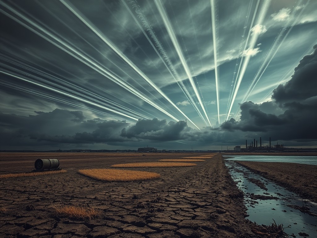 An apocalyptic landscape depicting geoengineering and chemtrails, a dark sky streaked with unnatural airplane trails releasing visible chemical particles, barren agricultural fields with dead crops, cracked soil poisoned by aluminum, barium, and strontium, abandoned farm equipment rusting in the distance, polluted water reflecting a sickly metallic sheen, a foreboding industrial complex in the background representing corporate control, dramatic lighting with ominous clouds, ultra-detailed, photorealistic, cinematic atmosphere, wide-angle shot