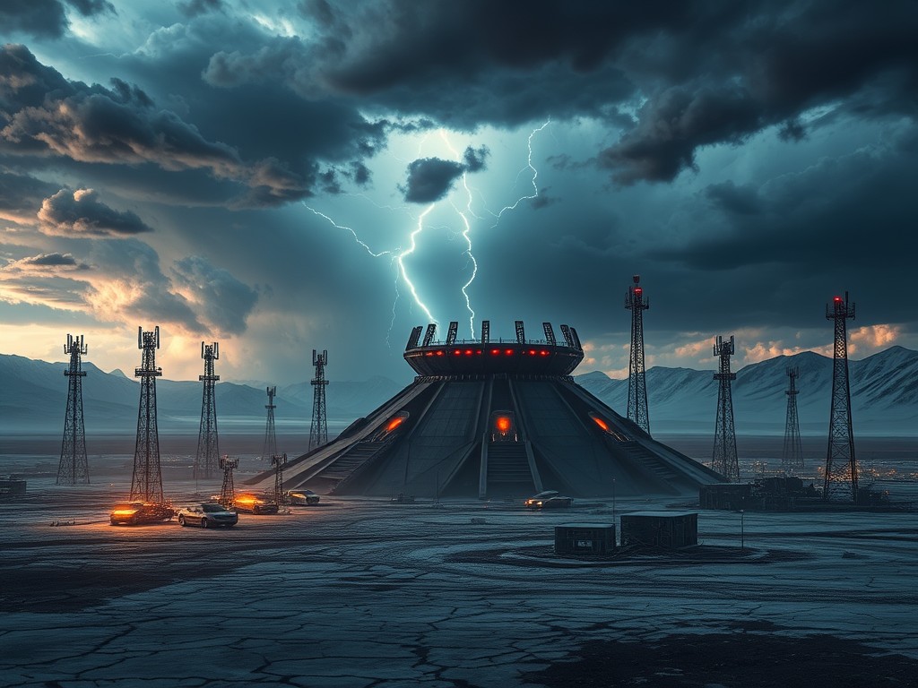 A dystopian scene depicting HAARP as a massive, futuristic scientific installation in a remote Arctic landscape, surrounded by a complex network of towering antennas emitting glowing electromagnetic waves into a turbulent sky, ominous storm clouds forming overhead, flashes of lightning striking unnaturally, distant hurricanes and earthquakes visible in the horizon, cracked ground and destroyed buildings symbolizing catastrophe, a dark, moody atmosphere with cinematic lighting, hyper-realistic, ultra-detailed, wide-angle perspective.
