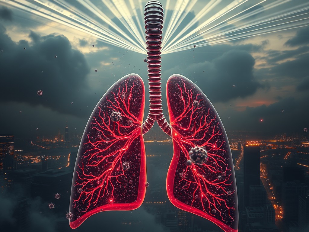 A dystopian scene showing microscopic metallic nanoparticles, such as aluminum and barium, infiltrating human lungs, bloodstream, and brain. Visualize an artistic cross-section of the human body with dark, glowing particles spreading through veins and reaching the brain, symbolizing neurological damage. A surreal atmosphere with faint images of Alzheimer's and Parkinson's patients, weakened immune systems represented by ghostly outlines of viruses and bacteria. The air above shows faint chemtrail streaks dispersing over a polluted urban skyline. Ultra-detailed, photorealistic medical illustration style with a cinematic and dark ambiance, conveying an unsettling yet captivating effect