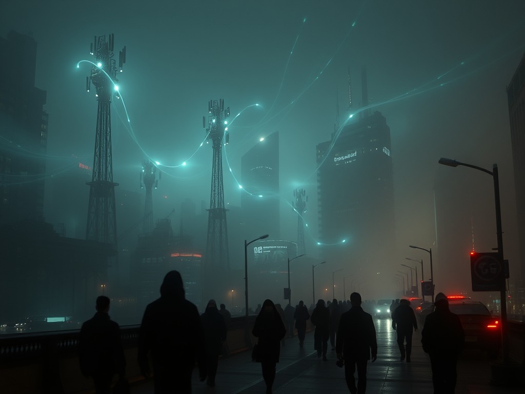 A dark, futuristic cityscape blanketed by a dense, metallic haze, with towering 5G antennas emitting glowing electromagnetic waves visible in the air. The waves appear amplified by airborne nanoparticles, creating a surreal, almost electric atmosphere. Silhouettes of people wander the streets, their faces obscured, as glowing, ghostly signals seem to connect to their heads, symbolizing mental influence and control. A moody, cyberpunk aesthetic with a dark palette, ultra-detailed, cinematic lighting, and a sense of unease, capturing the theme of surveillance, control, and invisible technological manipulation